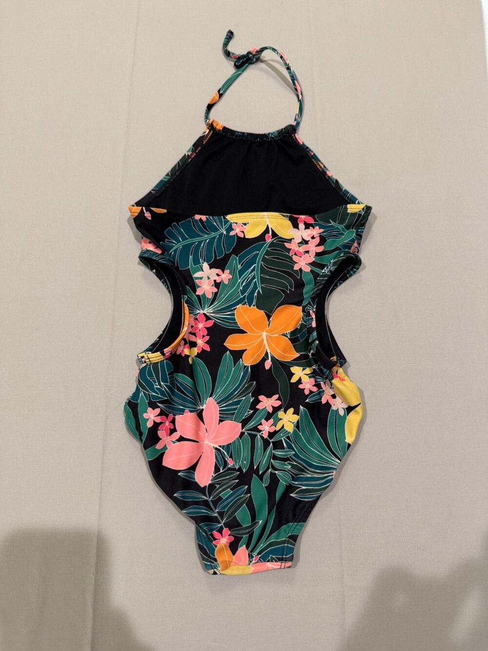 Girls Size 6-7 One Piece Swimsuit Tropical Floral Halter Cutout Black Swimwear